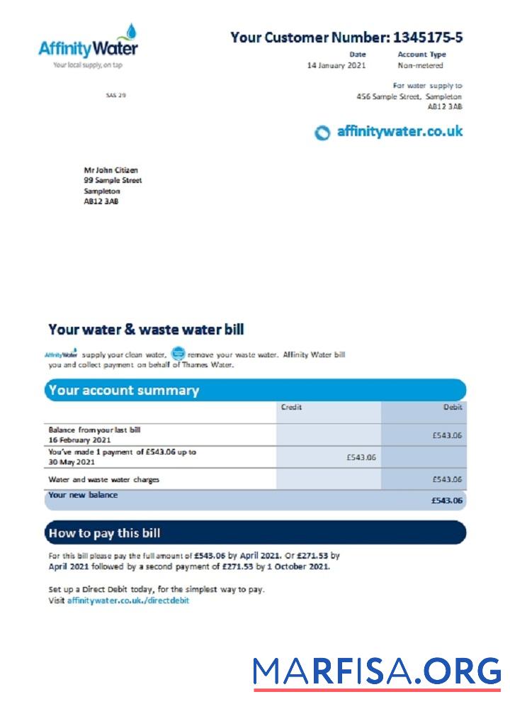 Printable United Kingdom Affinity Water utility bill template in Word and PDF format